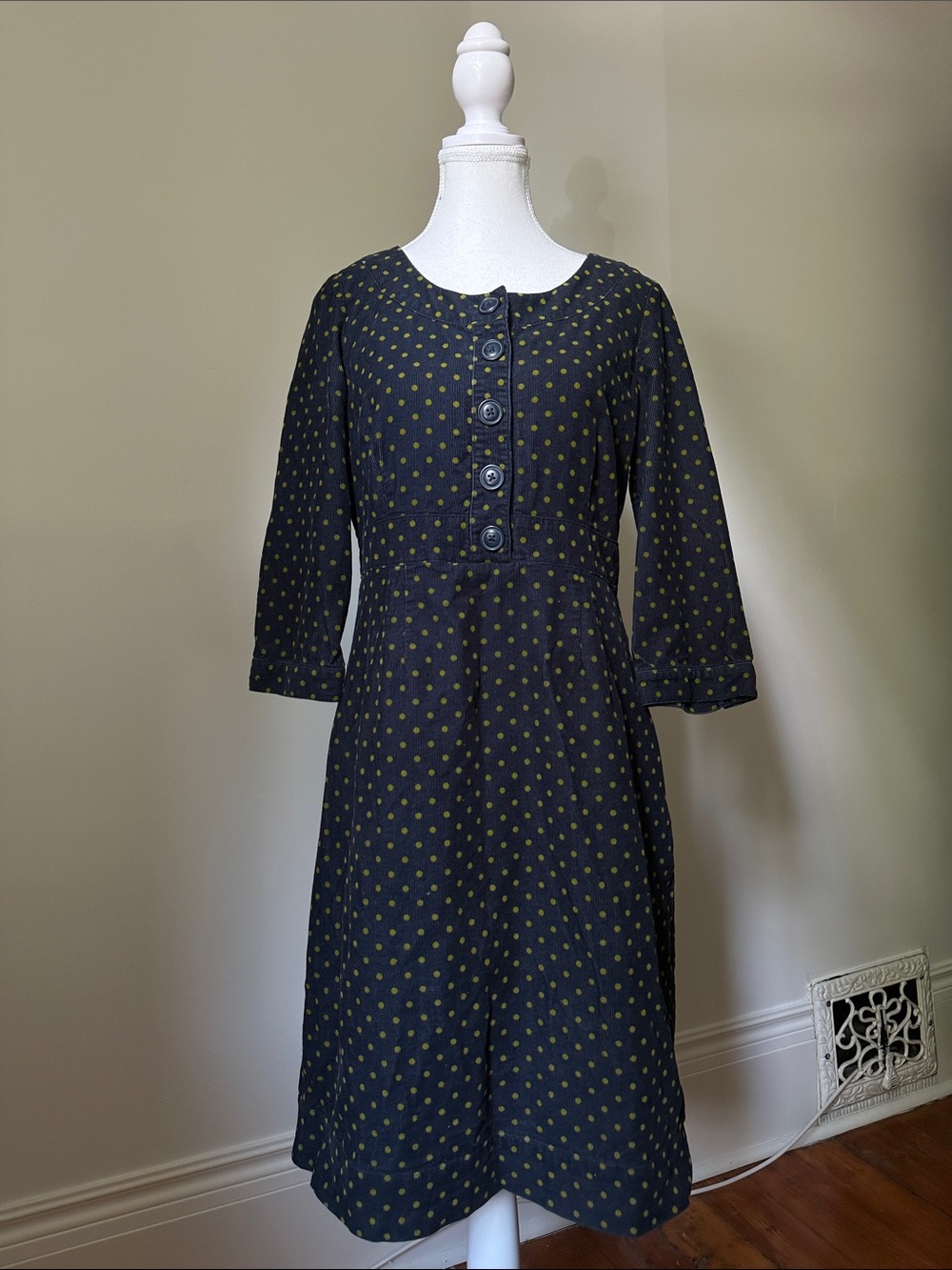 BODEN Navy Blue Corduroy Polka Dot Twee Preppy Half Sleeve Dress Sz 6 Long